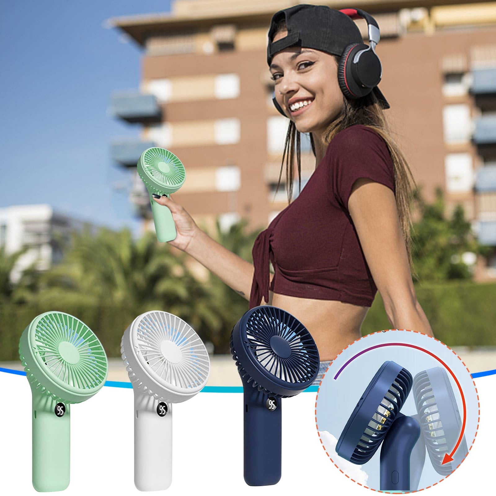 OEFNTAC Portable USB Mini Fan 5-Blade Turbine F6 High Wind Power Handheld Desktop Neck Hanging Adjustable 180 Rechargeable Battery Quiet Cooling Compact Student Dorm Travel Essential