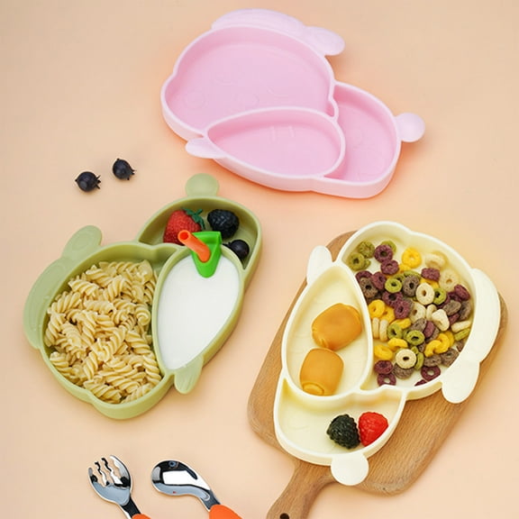 OEFNTAC Rabbit Silicone Plate 8.3x5.9in 0.41lb Divided Kids Non-Slip Dishwasher Microwave Safe Toddler Feeding 3 Colors