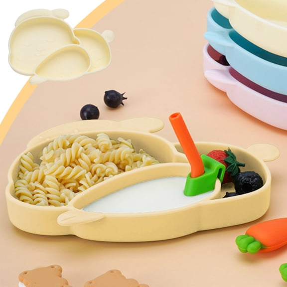 OEFNTAC Rabbit Silicone Plate 8.3x5.9in 0.41lb Divided Kids Non-Slip Dishwasher Microwave Safe Toddler Feeding 3 Colors