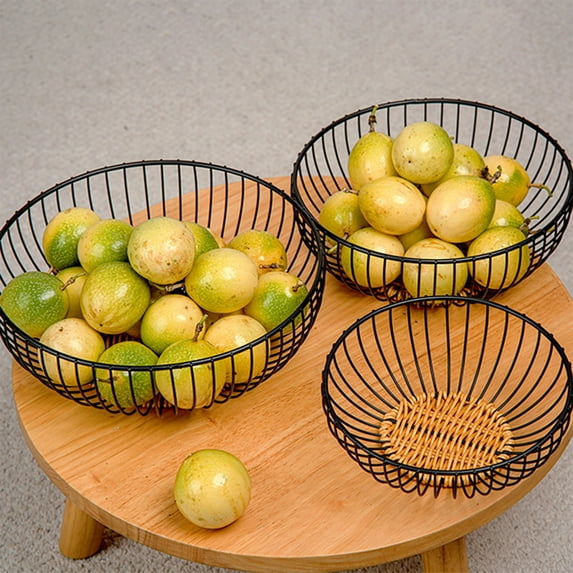 OEFNTAC Rattan and Iron Fruit Basket with Handle 8 Inch Storage Bin for Kitchen Countertop Organization
