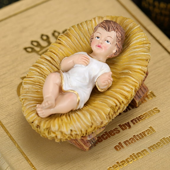 OEFNTAC Resin Nativity Infant In Manger Holiday Figurine Baby Jesus Miniature Stable Scene Tabletop Religious Christmas Decor Faith Based Keepsake Seasonal Gift
