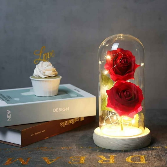 OEFNTAC Romantic Glass Rose Ornament Wedding Home Gift Borosilicate Glass Dome Pine Wood Base Decorative Artificial Flowers LED 4.33x8.46in