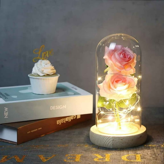 OEFNTAC Romantic Glass Rose Ornament Wedding Home Gift Borosilicate Glass Dome Pine Wood Base Decorative Artificial Flowers LED 4.33x8.46in