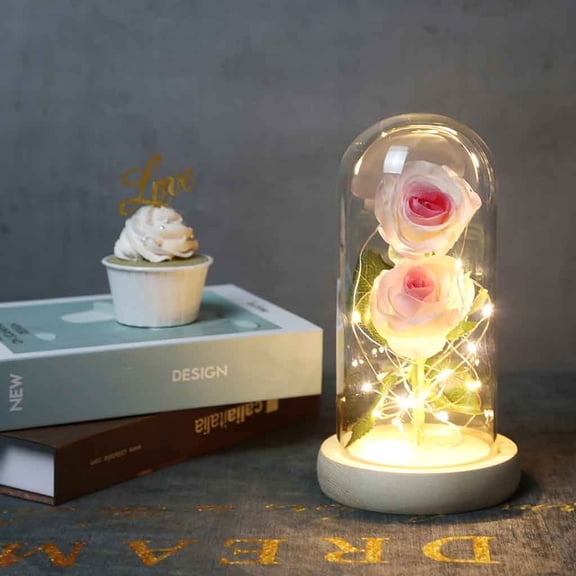 OEFNTAC Romantic Glass Rose Ornament Wedding Home Gift Borosilicate Glass Dome Pine Wood Base Decorative Artificial Flowers LED 4.33x8.46in