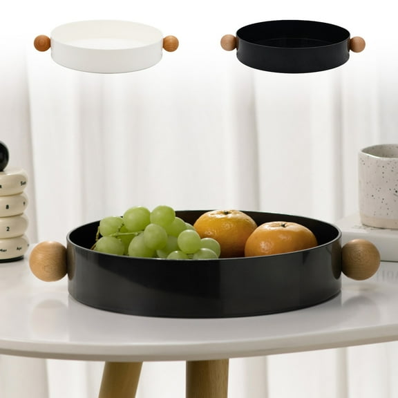 OEFNTAC Simplicity Round Solid Wood Handle Tray Large Capacity Storage Fruit Vegetable Nut Desktop Organizer Living Room Entrance Durable Resin Modern Decor Black White 12.91x2.05in