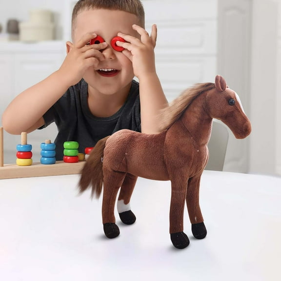 OEFNTAC Simulated Horse Doll Toy White Brown Plush Animal Figurine Christmas Gift Sofa Furniture Decoration Handmade Craft Home Decor with Flower Mane 32x26cm Lifelike Design for Kids Adults