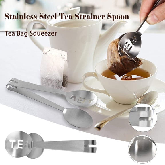 OEFNTAC Stainless Steel Tea Strainer Spoon Long Handle Tea Bag Squeezer Tongs With Measuring End for Loose Leaf Honey Sugar Ice Portion Control 4.75in