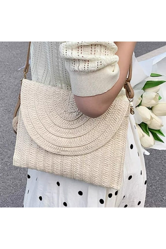 Striped Rectangular Straw Bag Casual Vacation Shoulder Crossbody Satchel Eco Friendly Large Capacity Organizer for Shopping Beach 10.62x7.87in Home and Kitchen