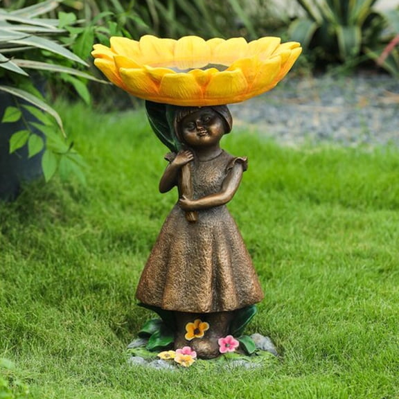 OEFNTAC Sunflower Bath Brown Pedestal Polyresin Outdoor Birdbath Durable Flat Bottom Natural Style Garden Courtyard Table Bird Feeder Key Jewelry Holder 13.8in