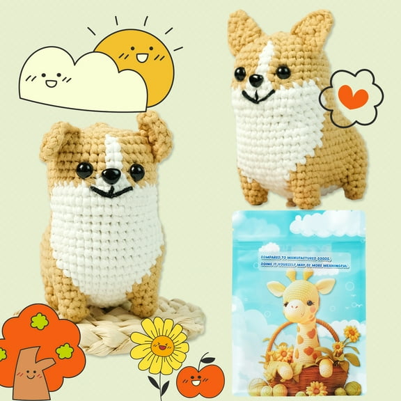 OEFNTAC Toys Corgi Crochet Kit for Beginners with Step-by-Step Instructions Tools Yarn Learning DIY Doll Making Sensory Toys
