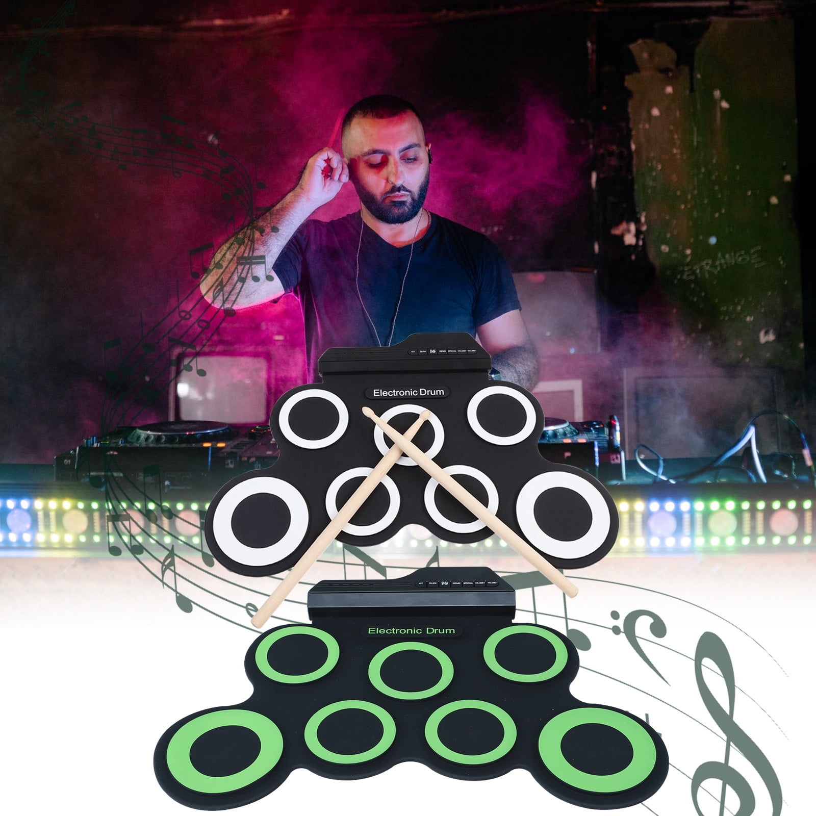 OEFNTAC Toys Electronic Drum Set Roll Up Portable Practice Pad Kit with 7 Silicone Pads 5 Drum Kits Foot Pedals Sticks USB Power for Kids Beginners Outdoor Toys
