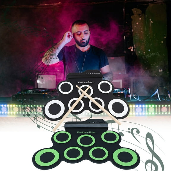 OEFNTAC Toys Electronic Drum Set Roll Up Portable Practice Pad Kit with 7 Silicone Pads 5 Drum Kits Foot Pedals Sticks USB Power for Kids Beginners Outdoor Toys