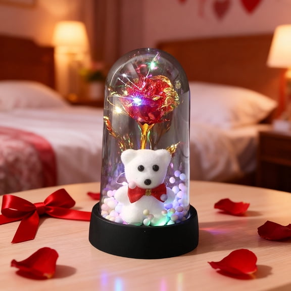 OEFNTAC Valentines Day Preserved Flower Bear Bow Rose Ornament Ambient Decorative Night Light Material Good Quality Plastic Appearance Adorable Bear Adorned Valentine Romance Gift