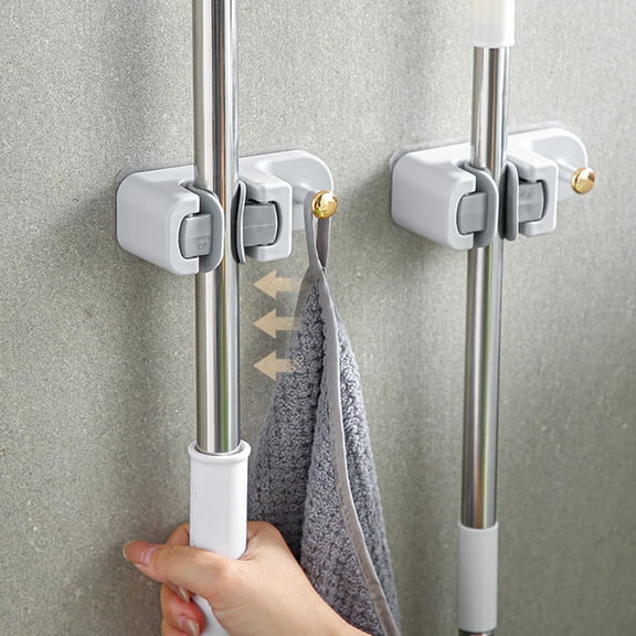 OEFNTAC Wall Mount Mop Hook Storage Clip No Punch Bathroom Organizer Stick Holder Load Bearing Clamp Utility Room Kitchen Tool Hanger Space Saving Plastic White Gray Width Easy Install