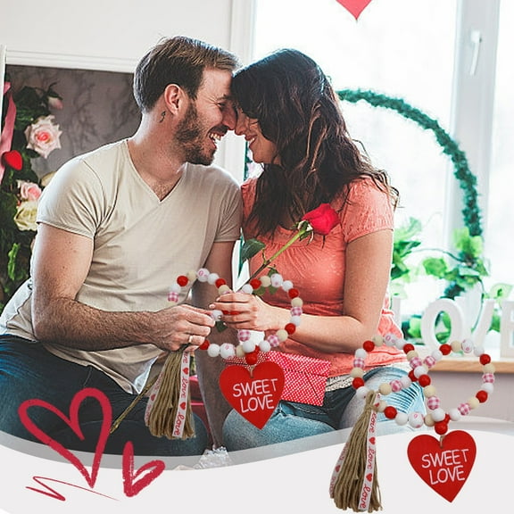 OEFNTAC Wooden Bead Tassel Garland Valentines Day Soft Rope Rustic Boho Decorative Pendant for Mantel Wall Door Table Wedding Party Home Decor Reusable Accent 85cm