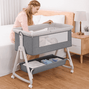 OEIKPFN Baby Bassinet, 4 in 1 Bedside Sleeper with Storage Basket, Easy to Fold Bedside Crib, 0-18 Month, Gray