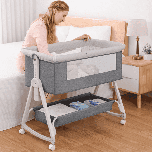 OEIKPFN Baby Bassinet, 4 in 1 Bedside Sleeper with Storage Basket, Easy to Fold Bedside Crib, 0-18 Month, Gray