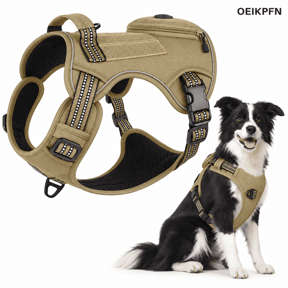OEIKPFN Reflective Dog Harness No Pull Dog Vest Harness with Handle, Breathable Padded Adjustable Dog Chest Harness for Dogs-Khaki-XL