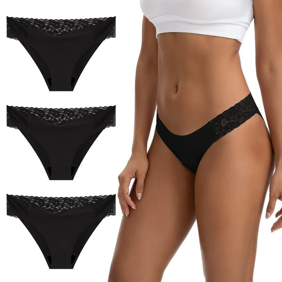 OEIOEI Lace Period Underwear Leakproof Bikini Underwear for Women Menstrual Pantie 3 Pack(S,Black)