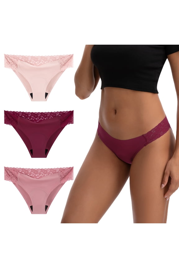 Lace Period Underwear Leakproof Bikini Underwear for Women Menstrual Pantie 3 Pack(S,Soft Rose)