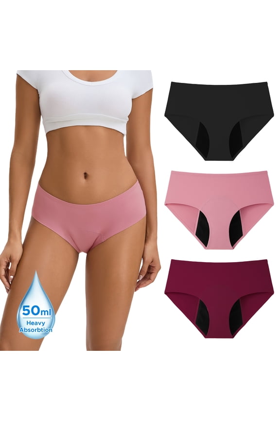 Leakproof Period Underwear for Women Heavy Flow Mid Waist Menstrual Panties(L,Black Pink)