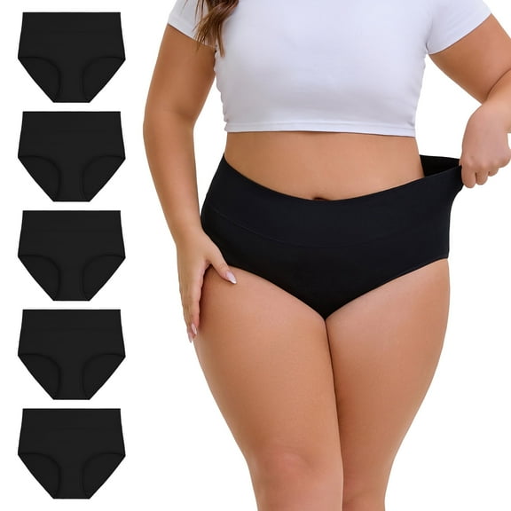 OEIOEI Plus Size XL-5XL Cotton Underwear for Women High Waist Full Coverage Briefs 5 Pack(3XL,5 Black)
