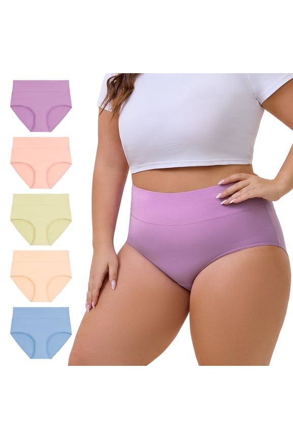 Plus Size XL-5XL Cotton Underwear for Women High Waist Full Coverage Briefs 5 Pack(3XL,Light)