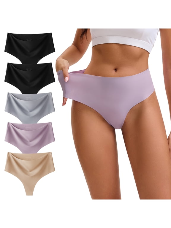 Seamless Thongs for Women High Waisted Ladies Underwear No Show Panties 5 Pack(L,Soft)