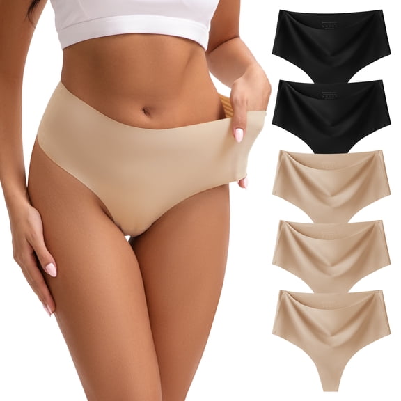 OEIOEI Seamless Thongs for Women High Waisted Ladies Underwear No Show Panties 5 Pack(XL,Basic)