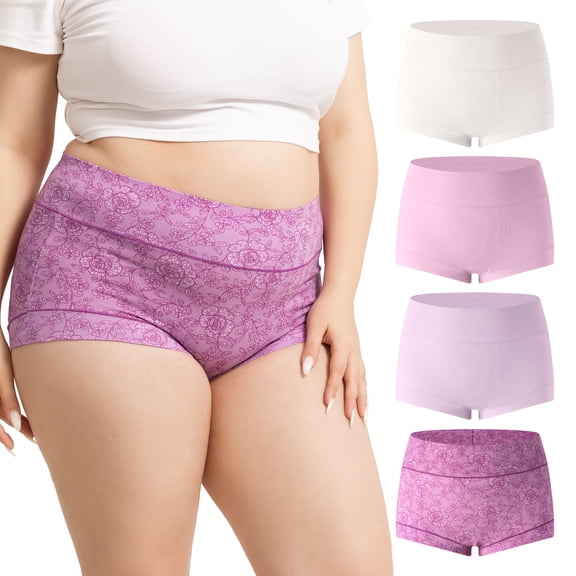 OEIOEI Women's Plus Size Cotton Boyshort Underwear High Waisted 2XL-6XL 4 Pack(2XL,Violet)