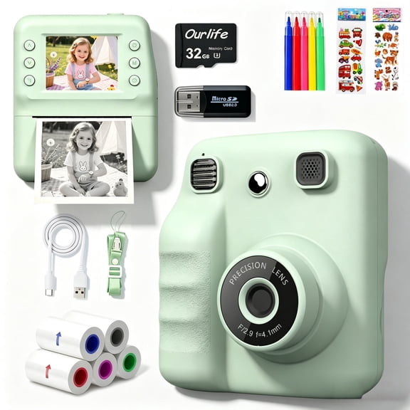 OEKE Instant Print Camera For Kids, Zero Ink Digital Toy Camera 1080P HD Dual Lens with 32GB SD Card & 5 Paper Rolls, Green