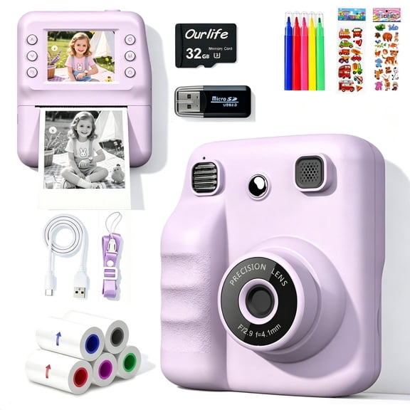 OEKE Instant Print Camera For Kids, Zero Ink Digital Toy Camera 1080P HD Dual Lens with 32GB SD Card & 5 Paper Rolls,Purple