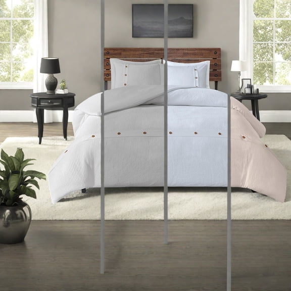 OEKOTEX Certified Cotton Waffle Weave Bedding Sets Modern White Comforter with Decorative Buttons