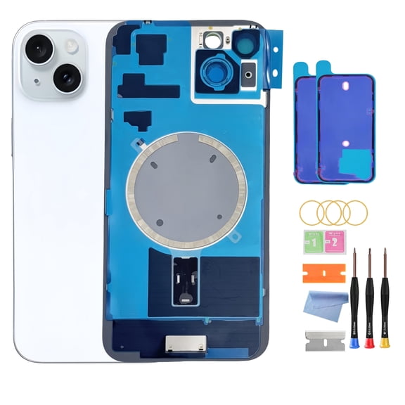 OEM Back Glass Replacement for iPhone 15 (6.1-Inch,) – Metal Camera Frame, Lens Glass & Magnet – Includes Repair Tools (Blue)