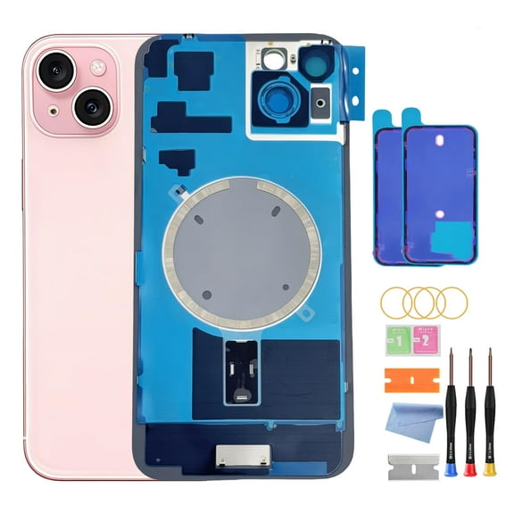 OEM Back Glass Replacement for iPhone 15 (6.1-Inch,) – Metal Camera Frame, Lens Glass & Magnet – Includes Repair Tools (Pink)