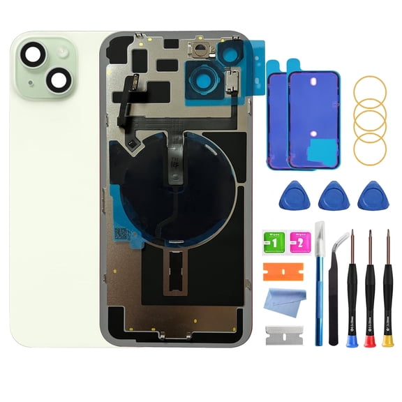 OEM Back Glass Replacement for iPhone 15 (6.1-Inch) – With Wireless Charging Flex Cable, Camera Frame, Full Set of Parts & Repair Tools(Green)
