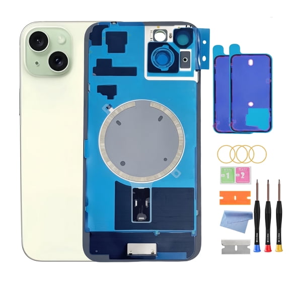 OEM Back Glass Replacement for iPhone 15 Plus (6.7-Inch) – Metal Camera Frame, Lens Glass & Magnet – Includes Repair Tools(Green)