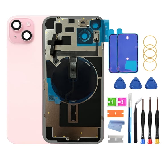 OEM Back Glass Replacement for iPhone 15 Plus (6.7-Inch) – With Pre-Installed Plate & Flex Cable – Includes Repair Tools(Pink)
