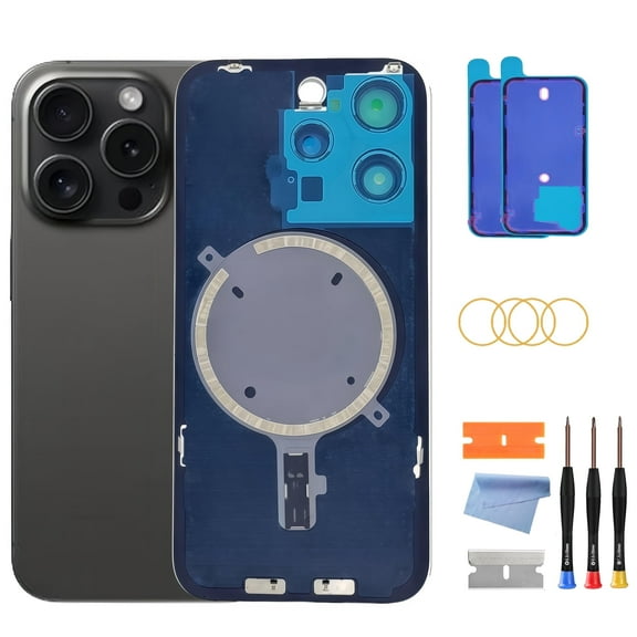 OEM Back Glass Replacement for iPhone 15 Pro (6.1-Inch) – Metal Camera Frame, Lens Glass & Magnet – Includes Repair Tools(Black Titanium)