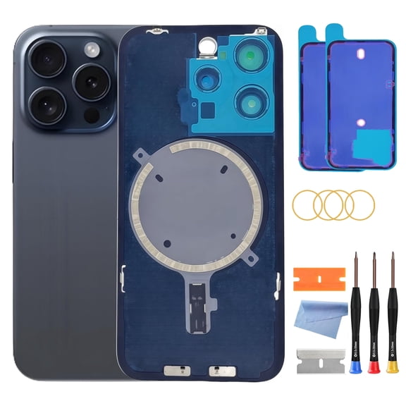 OEM Back Glass Replacement for iPhone 15 Pro Max (6.7-Inch) – Metal Camera Frame, Lens Glass & Magnet – Includes Repair Tools(Blue Titanium)