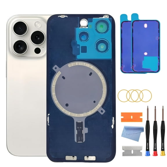 OEM Back Glass Replacement for iPhone 15 Pro Max (6.7-Inch) – Metal Camera Frame, Lens Glass & Magnet – Includes Repair Tools(Silver Titanium)