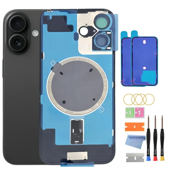 OEM Back Glass Replacement for iPhone 16 (6.1-Inch) – Metal Camera Frame, Lens Glass & Magnet – Includes Repair Tools(Black)