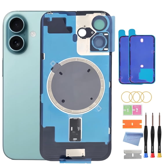 OEM Back Glass Replacement for iPhone 16 (6.1-Inch) – Metal Camera Frame, Lens Glass & Magnet – Includes Repair Tools(Teal)