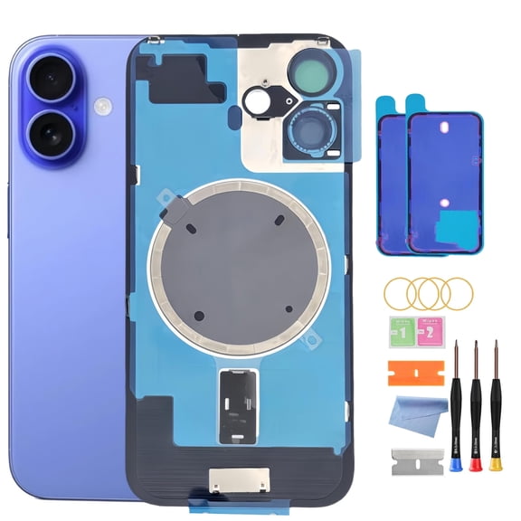 OEM Back Glass Replacement for iPhone 16 (6.1-Inch) – Metal Camera Frame, Lens Glass & Magnet – Includes Repair Tools(Ultramarine)