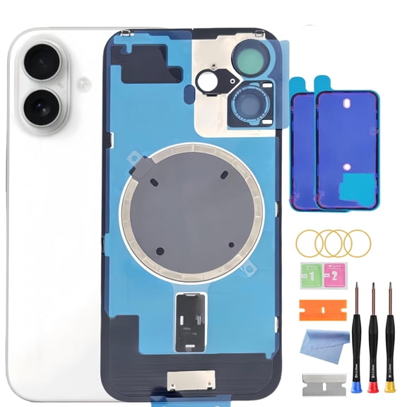 OEM Back Glass Replacement for iPhone 16 (6.1-Inch) – Metal Camera Frame, Lens Glass & Magnet – Includes Repair Tools(White)