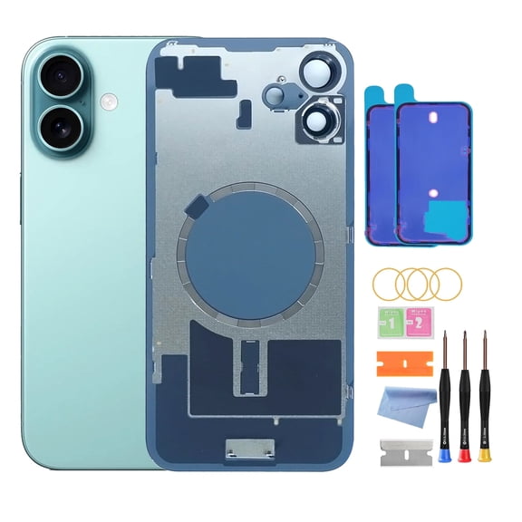 OEM Back Glass Replacement for iPhone 16 Plus (6.7-Inch) – Metal Camera Frame, Lens Glass & Magnet – Includes Repair Tools(Teal)