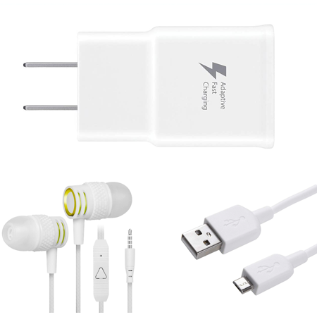 OEM EP-TA20JBEUGUS Inbox Replacement 15W Fast Wall Charger for Asus Zenfone Max Plus (M2) ZB634KL Includes Fast Charging 10FT Micro USB Cable, and 3.5mm Earphone with Mic – 3 Items Bundle - White