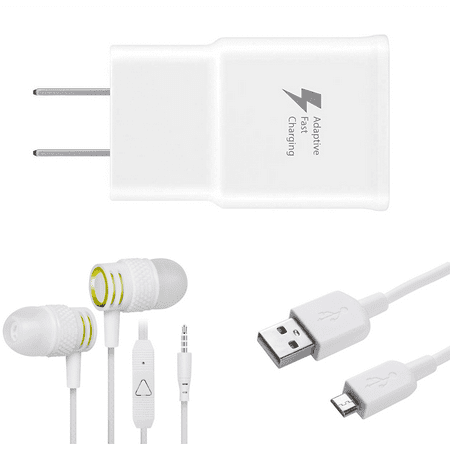 OEM EP-TA20JBEUGUS Inbox Replacement 15W Fast Wall Charger for Samsung Galaxy A6 (2018) Includes Fast Charging 6FT Micro USB Charging Cable, and 3.5mm Earphone with Mic – 3 Items Bundle - White