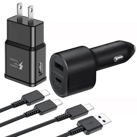 OEM Fast Charger USB-C Type-C Cable Kit Fast Charging USB Wall Charger & Car Adapter for Samsung Galaxy S22 S21 S20 Ultra Plus S10 S10+ 5G S9 [1 Car Charger + 1 Wall Charger + 2x 3FT Type-C Cable]