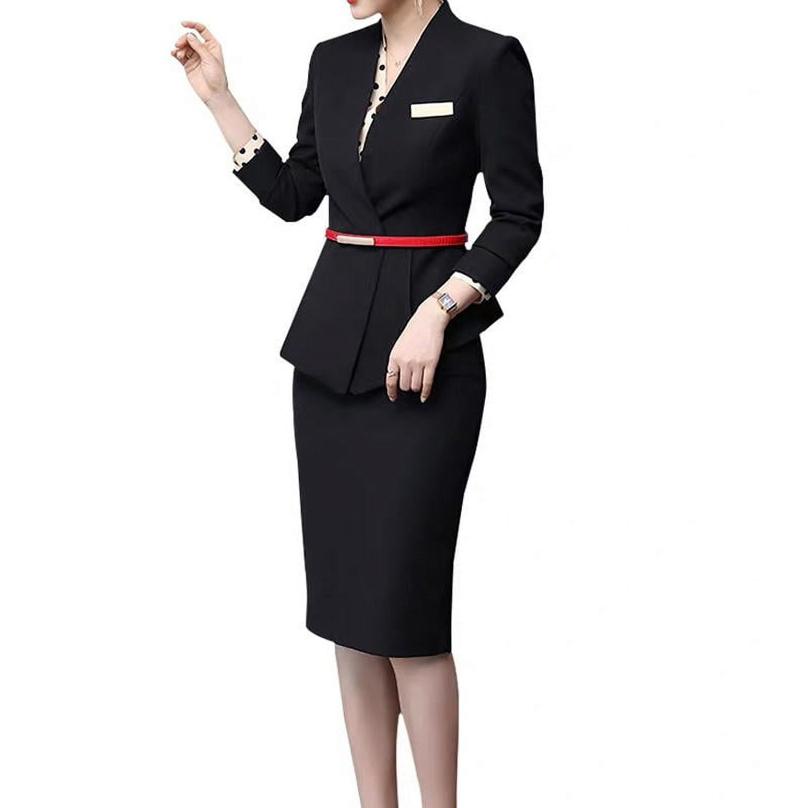 sexy business skirt suit 2 Pieces Business Casual Notched Lapel Long Sleeve Blazer & Pencil Skirt Suit Set, Black / S main image 0